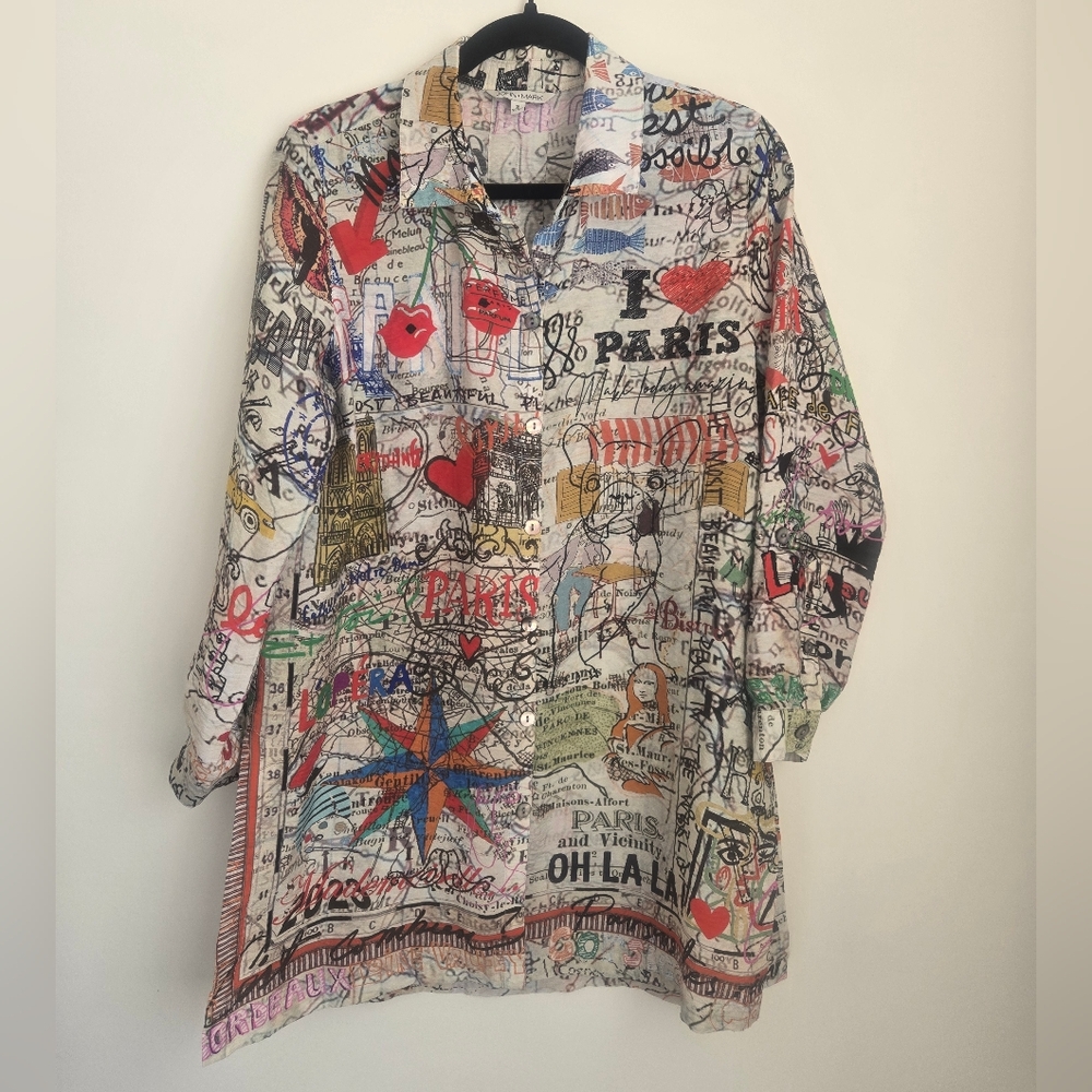 John Mark Tunic Top Womens Novelty Print Paris France Maps Art To Wear, Small
